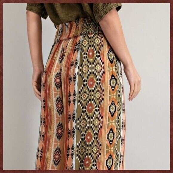 EASEL Aztec Print Lightweight Flowy Gauze Pants Wide Leg Smocked Waist & Pockets - Picture 5 of 12